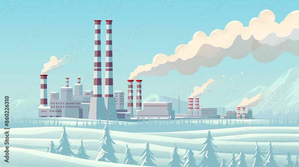 Obraz premium Stylized illustration of an industrial plant emitting smoke against a snowy landscape, highlighting environmental impact