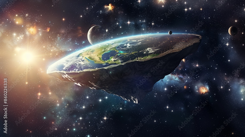 Surreal artwork depicting Earth as a flat disc floating in space with planets and stars around, evoking wonde Surreal artwork depicting Earth as a flat disc floating in space with planets and stars around, evoking wonde