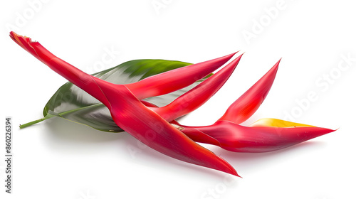 Heliconia bihai Red palulu flower with leaf Tropical flowers isolated on white background with clipping path : Generative AI photo