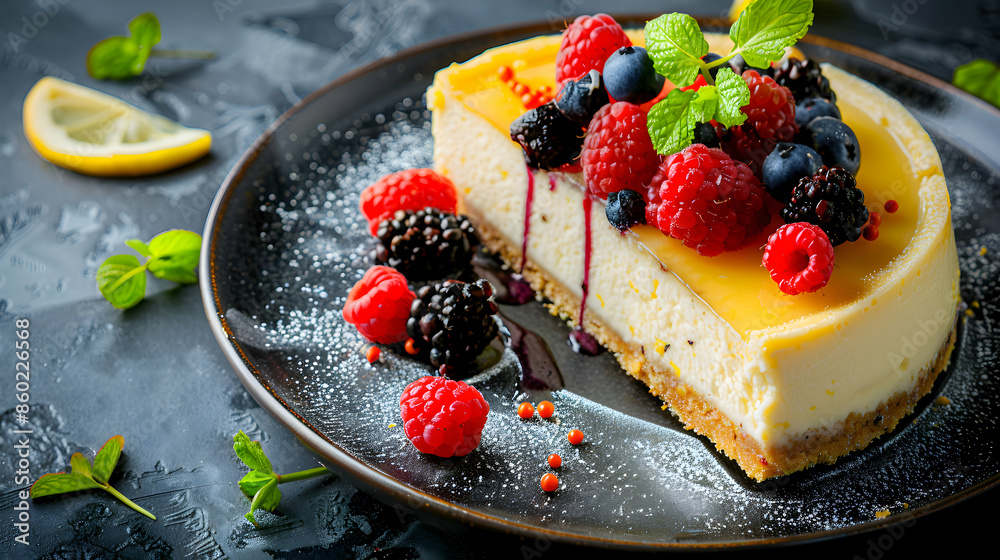 A vibrant plate of lemon cheesecake with various toppings A vibrant plate of lemon cheesecake with various toppings