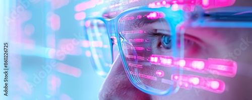 Close-up of a person's eye with glasses reflecting data and code, representing technology and information processing. photo