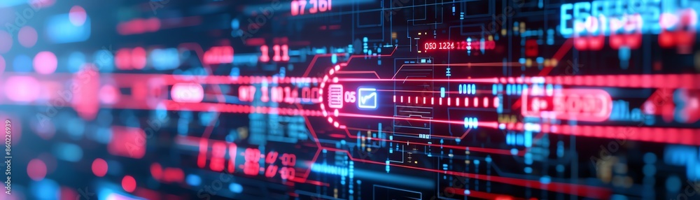 High-tech digital interface featuring a complex circuit board design with neon red and blue light effects showcasing advanced technology. High-tech digital interface featuring a complex circuit board design with neon red and blue light effects showcasing advanced technology.
