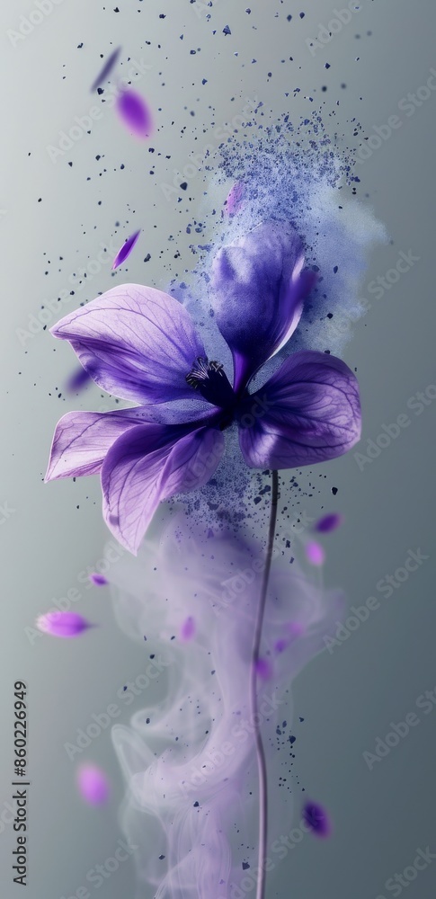 Obraz premium Purple flower disintegrating into dust with a surreal atmosphere