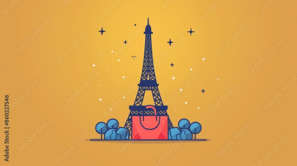 Fototapeta premium A tall yellow Eiffel tower is shown in the center of a yellow circle