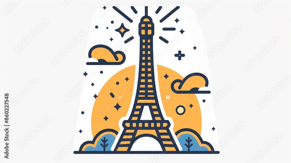 A cartoon drawing of the Eiffel Tower with a sunset in the background A cartoon drawing of the Eiffel Tower with a sunset in the background