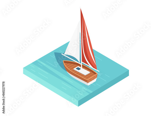 Three-dimensional isometric view of modern boat ship on water vector illustration isolated on white background