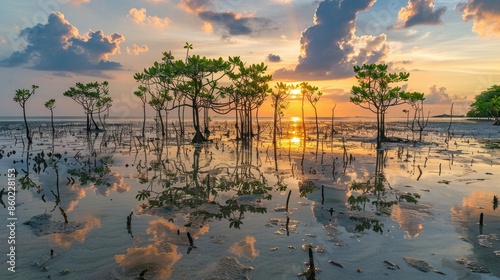Young mangrove shoots surrounded by shallow, reflective water at sunset AI generated photo