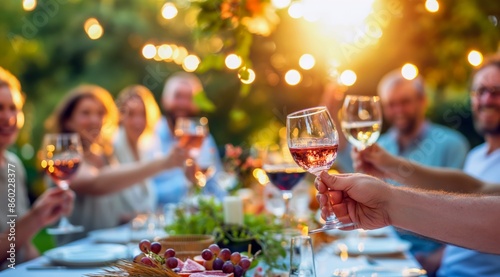 A group of friends toasting with wine glasses at an outdoor dining table, celebrating the joy and connection during social gatherings