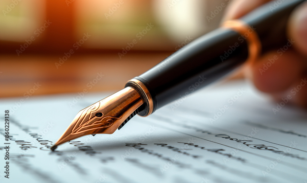 Person Signing Document With Fountain Pen Person Signing Document With Fountain Pen