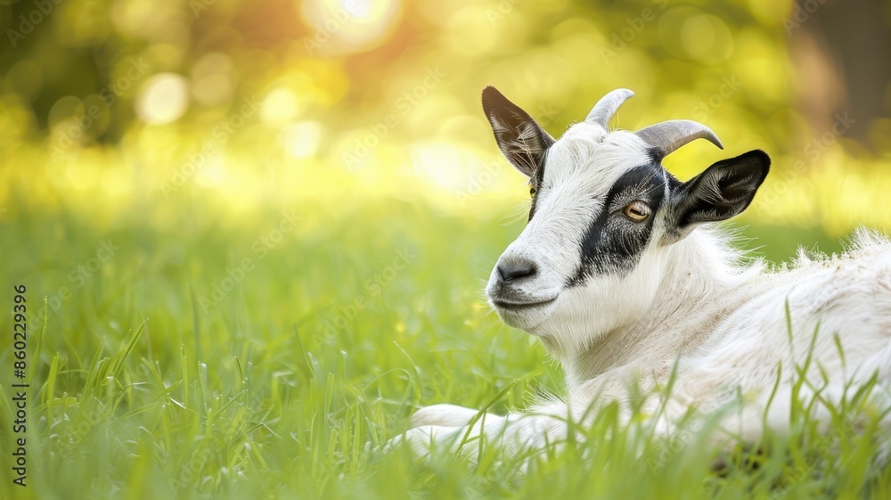 Obraz premium Goat with black and white markings, resting on green grass blurred background