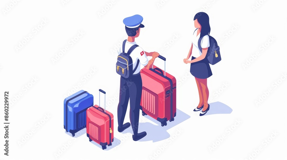 Two men are holding suitcases and one of them is wearing a police hat Two men are holding suitcases and one of them is wearing a police hat
