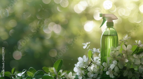 Green Cleaning Spray Bottle Surrounded By White Spring Blossoms