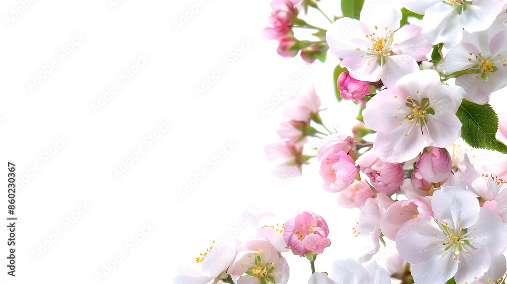 Fototapeta premium Spring flowers Apple branch on white background Card with copy space Nature border : Generative AI