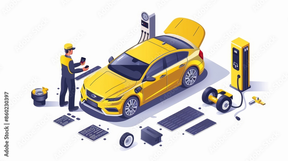 A man is working on a red car A man is working on a red car