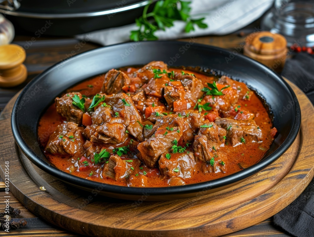 Hearty Beef Goulash on Wooden Table Setting Generative AI Hearty Beef Goulash on Wooden Table Setting Generative AI