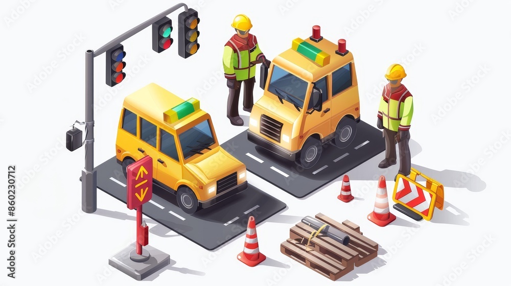 A man in a yellow vest is standing on the side of the road, directing traffic A man in a yellow vest is standing on the side of the road, directing traffic