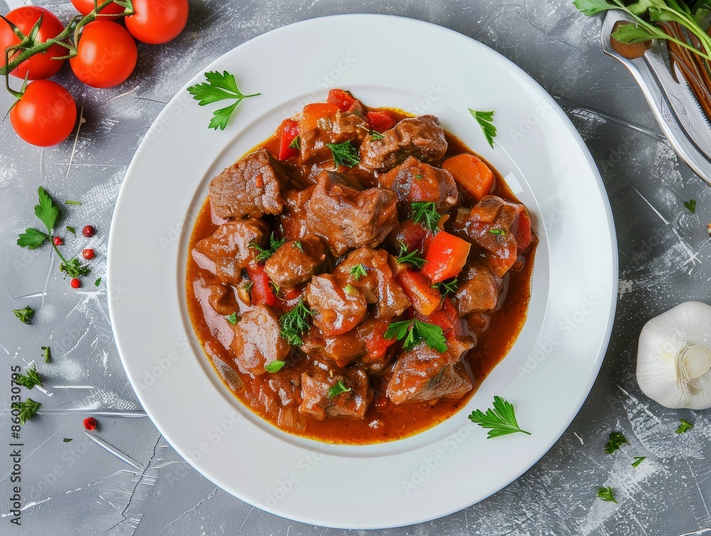 Hearty Beef Goulash on a Grey Background for Foodie Inspiration Generative AI Hearty Beef Goulash on a Grey Background for Foodie Inspiration Generative AI