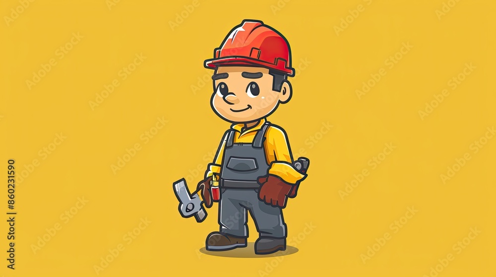 Cartoon of a man with work overalls and tools, on a yellow background Cartoon of a man with work overalls and tools, on a yellow background