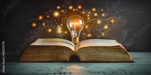 Creative illustration of an open book with a glowing lightbulb, symbolizing knowledge and inspiration against a blackboard background photo