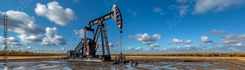 A black oil pumpjack slowly extracts crude oil from the ground on a sunny day A clear blue sky with fluffy white clouds stretches out in the background