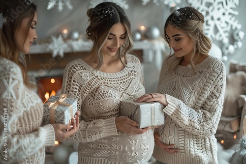 Baby Shower Winter A pregnant woman bundled in a cozy sweater opens a gift surrounded by friends The room is decorated for a winter baby shower with snowflakes and silver accents A