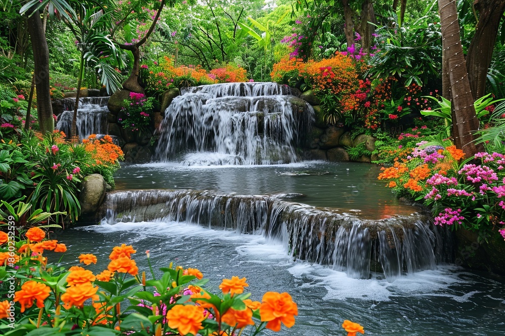 Naklejka premium Beautiful Paradise Land with Flower and Waterfall created with Generative AI