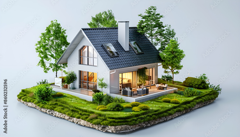 Smart home technology concept. Virtual circuit futuristic interface smart home digital control, automation assistant near white minimal house model on blue background, vertical style Smart home technology concept. Virtual circuit futuristic interface smart home digital control, automation assistant near white minimal house model on blue background, vertical style