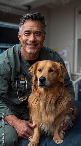 handsome male veterinarian doctor with a stethoscope holding a cute black German shepherd puppy in their arms in a veterinary clinic