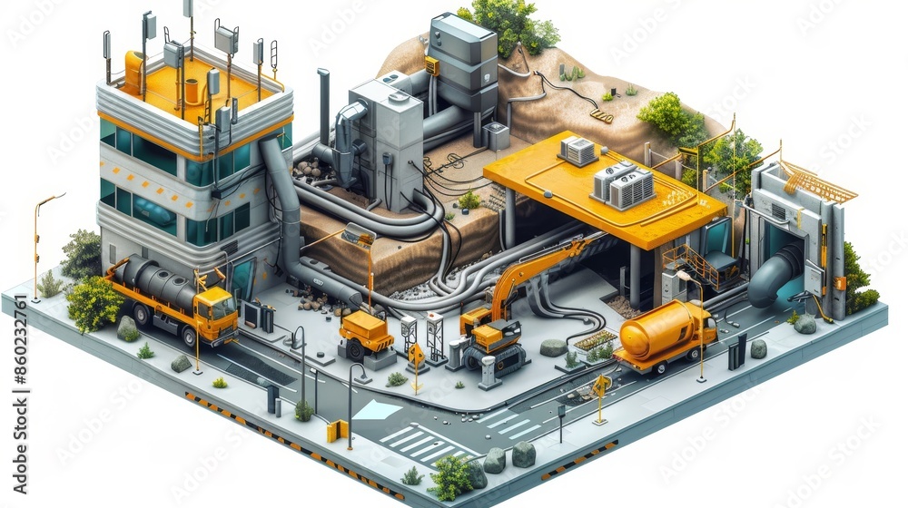 A cityscape with a large building and a lot of machinery A cityscape with a large building and a lot of machinery