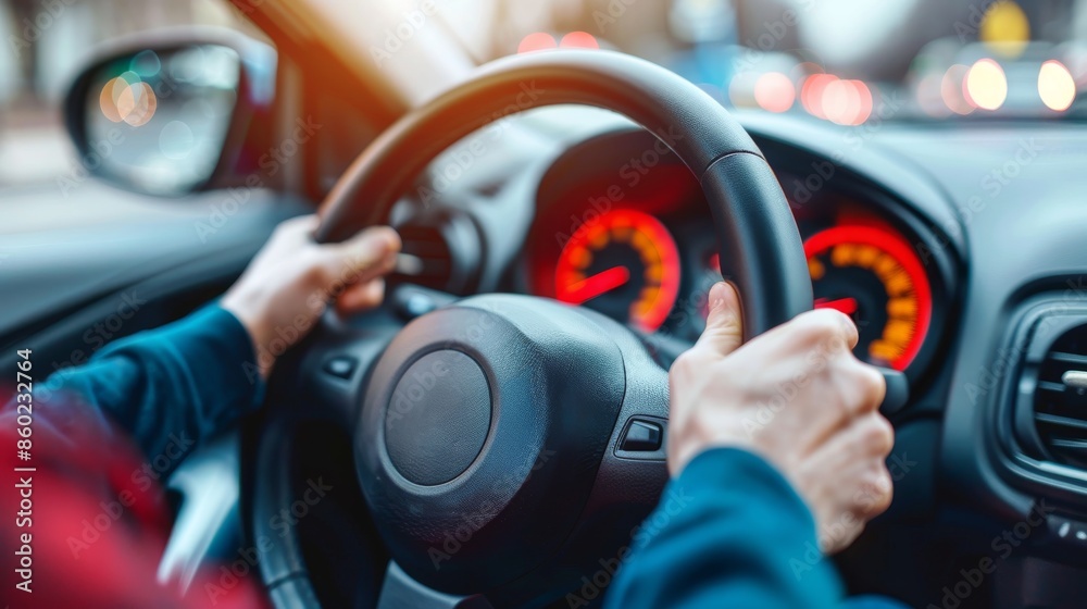 driver hands gripping the steering wheel of a car blurred background driver hands gripping the steering wheel of a car blurred background
