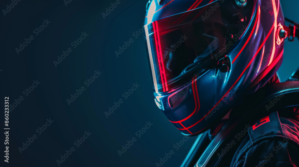 custom made wallpaper toronto digitala close-up of a person wearing a black racing suit and a blue and red helmet.