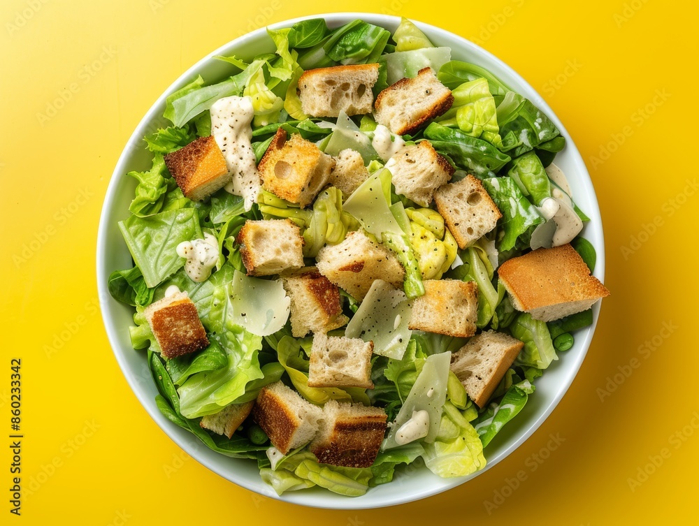 Fresh Caesar Salad on a Yellow Table Setting Generative AI Fresh Caesar Salad on a Yellow Table Setting Generative AI