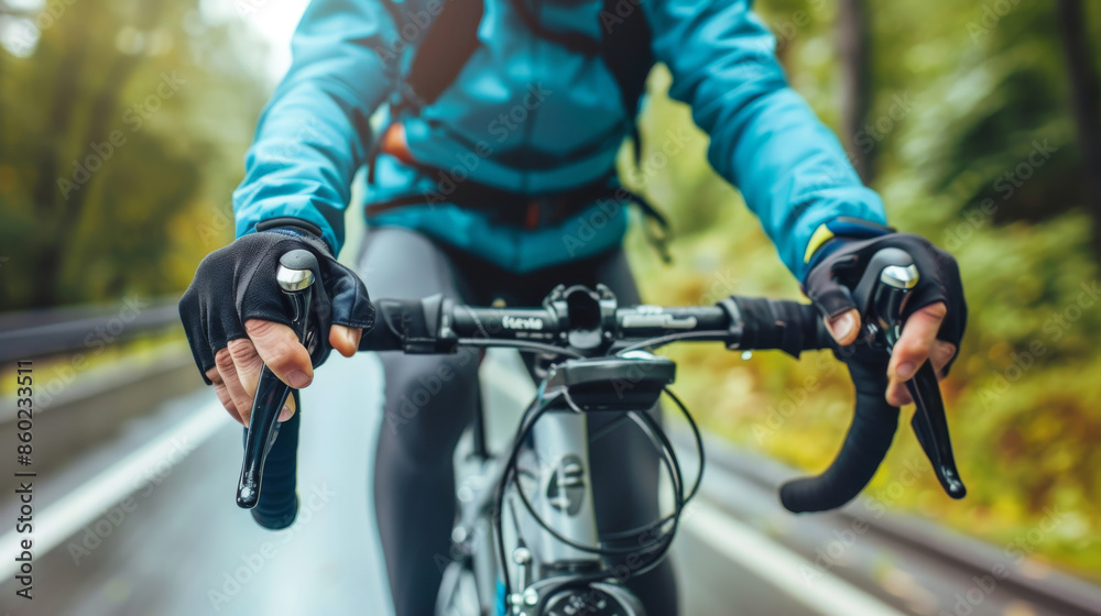 A close-up of a cyclist hands gripping the handlebars of a bicycle A close-up of a cyclist hands gripping the handlebars of a bicycle