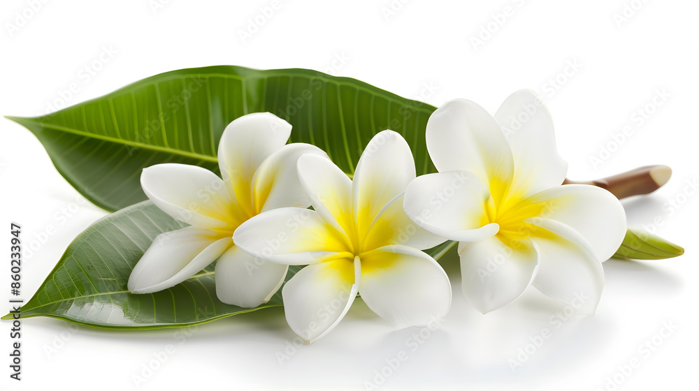 Frangipani flowers with leaves isolated on white : Generative AI Frangipani flowers with leaves isolated on white : Generative AI