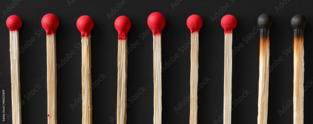 Conceptual image of life cycle with unburned and burned matches in a row Conceptual image of life cycle with unburned and burned matches in a row