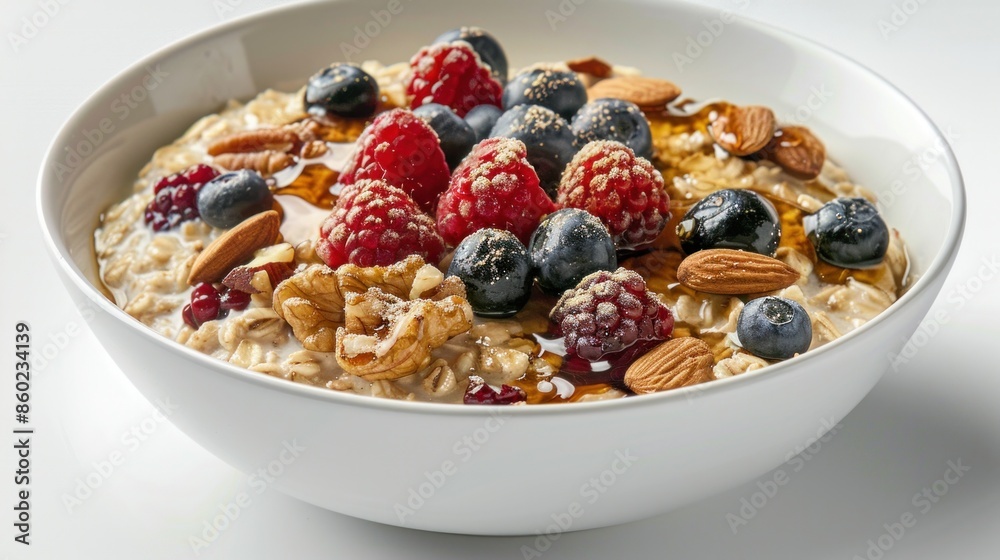 A delectable and nutritious breakfast bowl filled with overnight oats, berries, nuts, and a drizzle of honey A delectable and nutritious breakfast bowl filled with overnight oats, berries, nuts, and a drizzle of honey