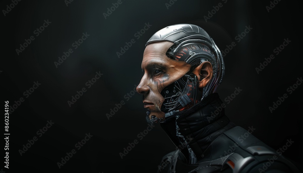portrait of a cyberman with implants on his face and body in the form of chipping with modern human robotic technologies. portrait of a cyberman with implants on his face and body in the form of chipping with modern human robotic technologies.
