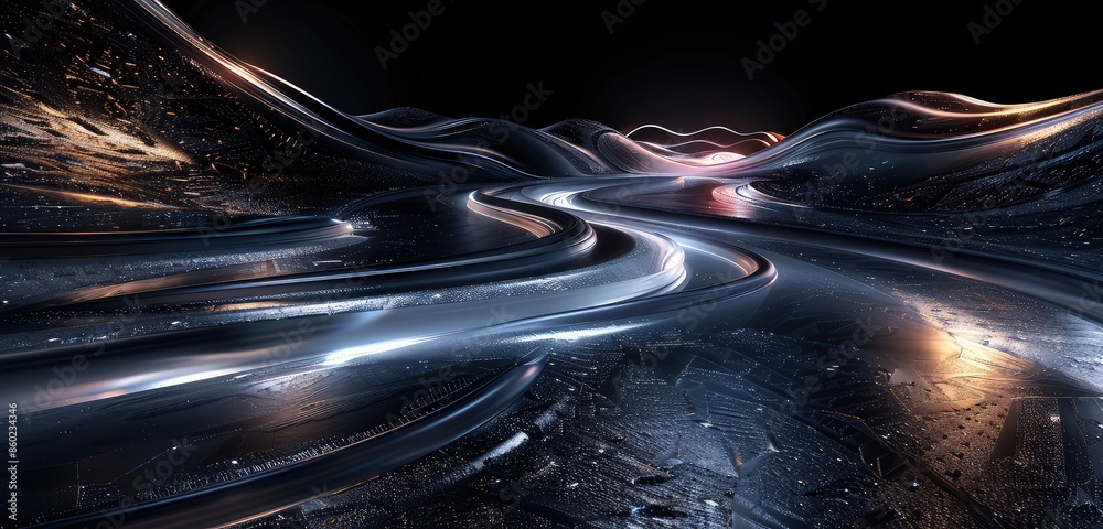 A captivating 3D rendering of a dark scene with an ice ground surface, featuring smooth curves and vibrant light interactions creating a mesmerizing effect. A captivating 3D rendering of a dark scene with an ice ground surface, featuring smooth curves and vibrant light interactions creating a mesmerizing effect.