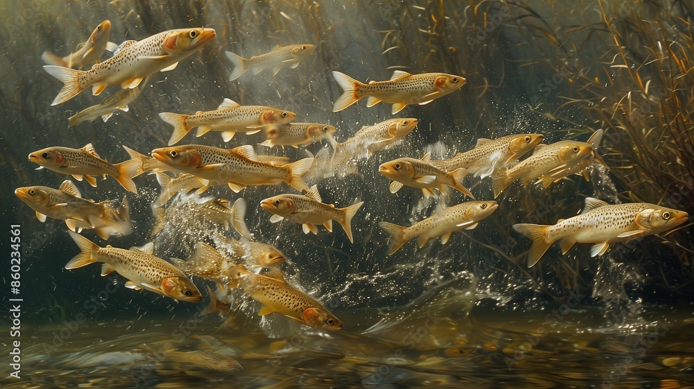 Fototapeta premium School of Fish Swimming Through Underwater Vegetation in a River