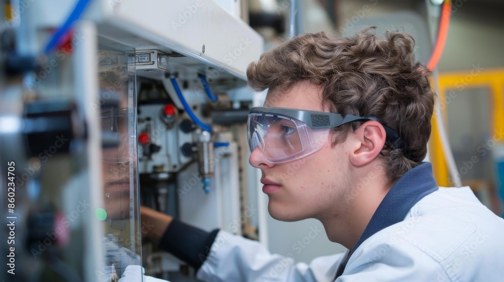 A factory worker wearing a lab coat working on equipment in a laboratory A factory worker wearing a lab coat working on equipment in a laboratory