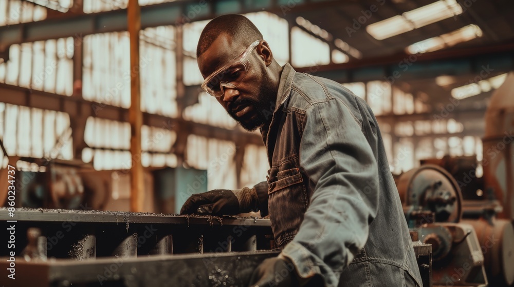 A factory worker wearing safety goggles operating a press machine A factory worker wearing safety goggles operating a press machine