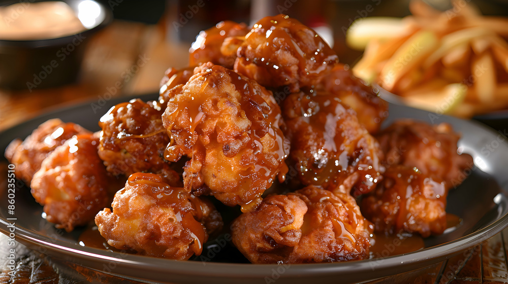 A vibrant platter of apple fritters with a side of caramel sauce A vibrant platter of apple fritters with a side of caramel sauce