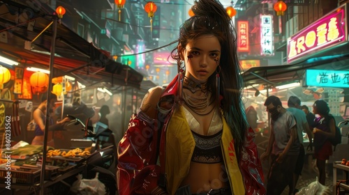 Cyberpunk girl in a crowded marketplace, surrounded by street vendors and neon signs AI generated