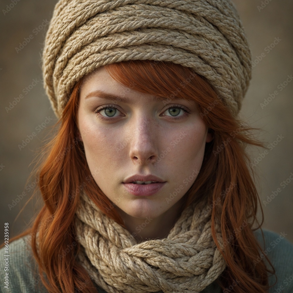 Woman with long, wavy red hair wearing thick, intricately braided rope wrapped around head like turban, around neck like scarf. Background blurred, focusing attention on unique headwear. Woman with long, wavy red hair wearing thick, intricately braided rope wrapped around head like turban, around neck like scarf. Background blurred, focusing attention on unique headwear.