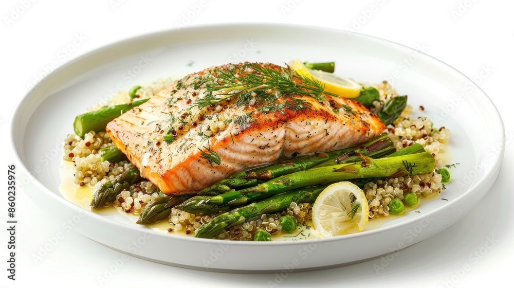 A flavorful and satisfying salmon dish with roasted asparagus and quinoa, drizzled with a lemon-dill sauce A flavorful and satisfying salmon dish with roasted asparagus and quinoa, drizzled with a lemon-dill sauce