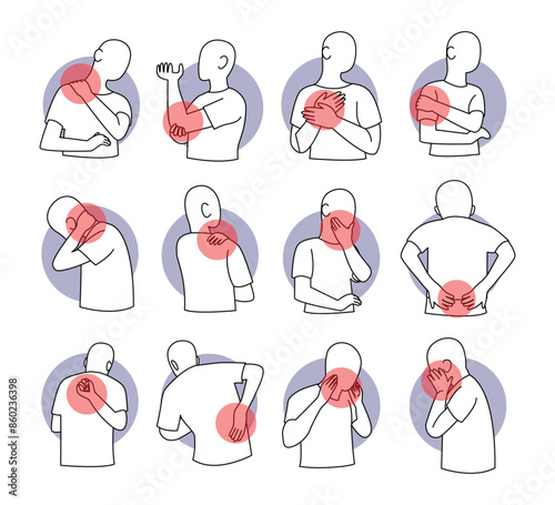 Set of Body parts pain, Man feels pain, becomes disabled by disease, body aches in different parts, vector illustration with chest pain, elbow, face, hand, hip, jaw, neck, shoulder, tmj pain.