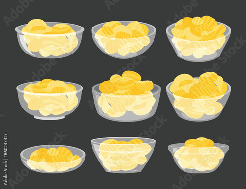 Set of glass bowl with crispy potato chips, vector crunchy wavy snack pieces in transparent dishes, Potato chips in ceramic clay bowl for fast food menu. Fried slices potato for packaging design. 