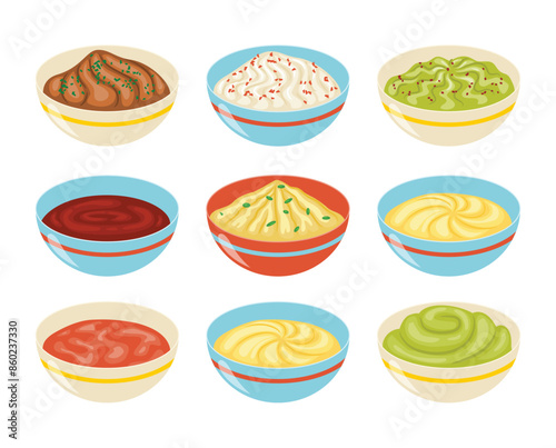 Set of various dipping sauce in bowl collection with ketchup bbq, hot chili, mayonnaise, mustard and wasabi, fast food dressing, ceramic saucers different sauces and spices isolated white background.
