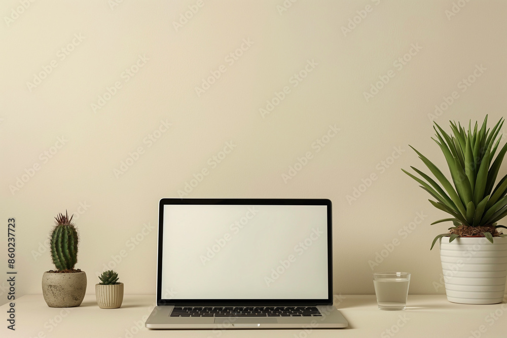 laptop on the table, Minimalist home office desk workspace with a sleek laptop, a small cactus, and a palm plant on a clean beige background laptop on the table, Minimalist home office desk workspace with a sleek laptop, a small cactus, and a palm plant on a clean beige background
