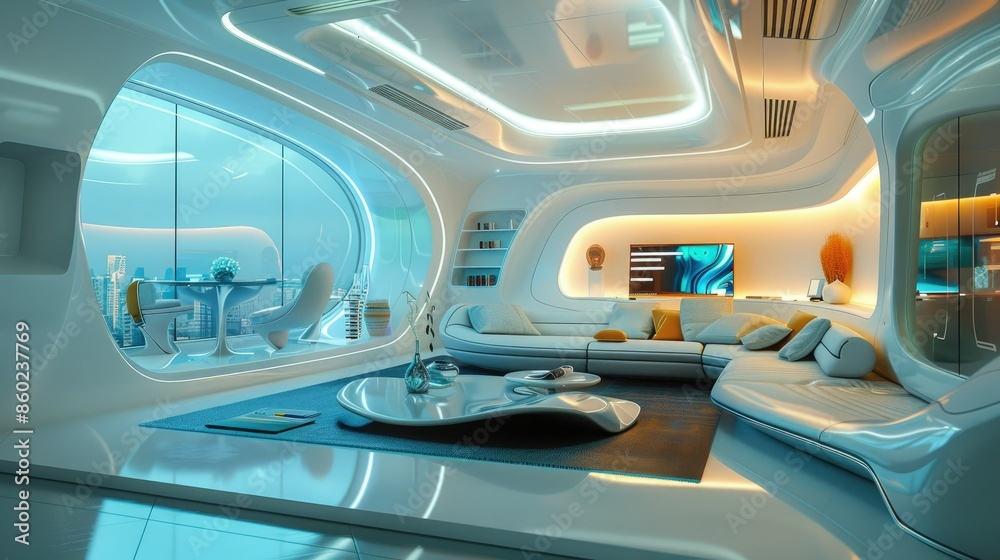 Futuristic living room interior with smart home technology and sleek design AI generated Futuristic living room interior with smart home technology and sleek design AI generated